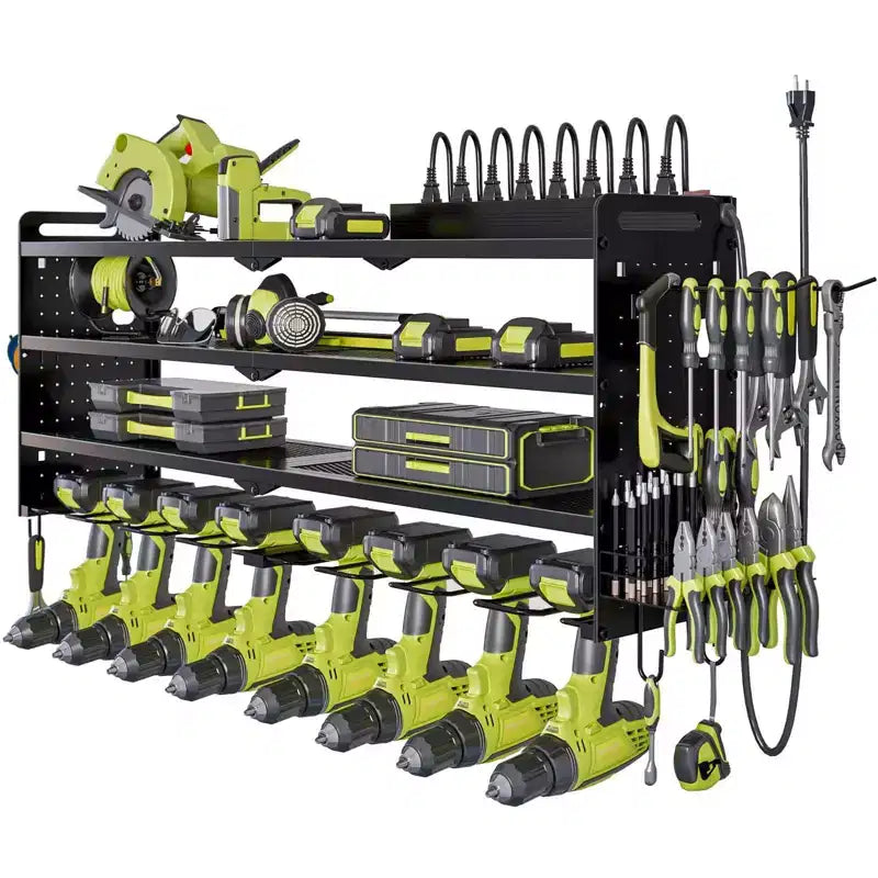 Hausource 4-Tier Power Tools Organizer Wall Mount Utility Storage Shelves, 8 Drill Holder, Red/Black/Yellow