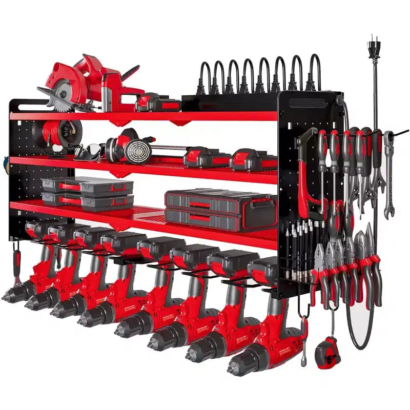 Organisateur d'outils électriques mural 4 niveaux, étagères de rangement utilitaires, 8 supports de perceuse, rouge/noir/jaune