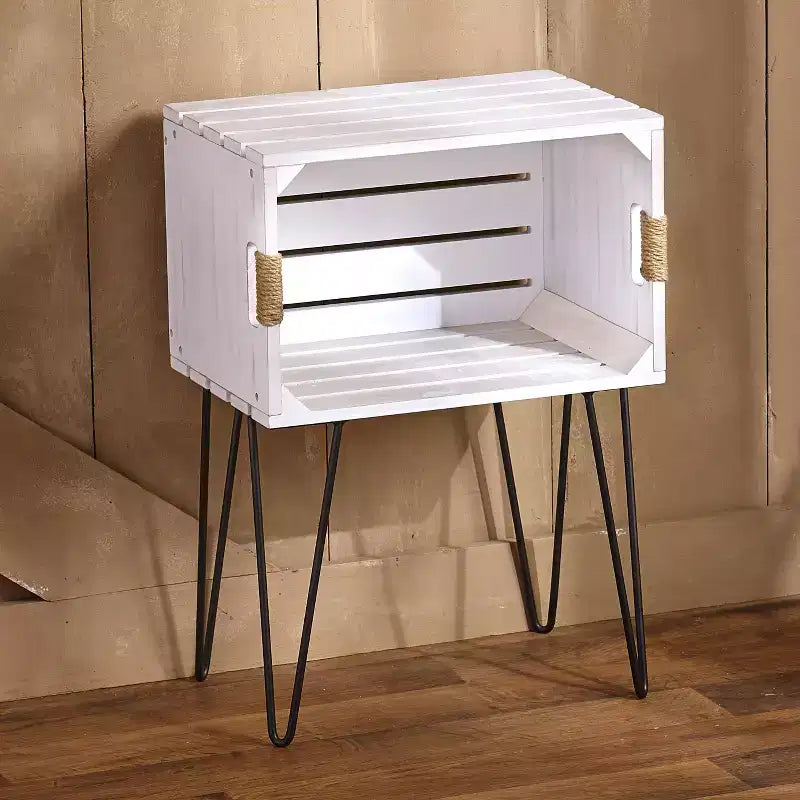Table d'appoint rustique en caisse en bois avec poignées en jute
