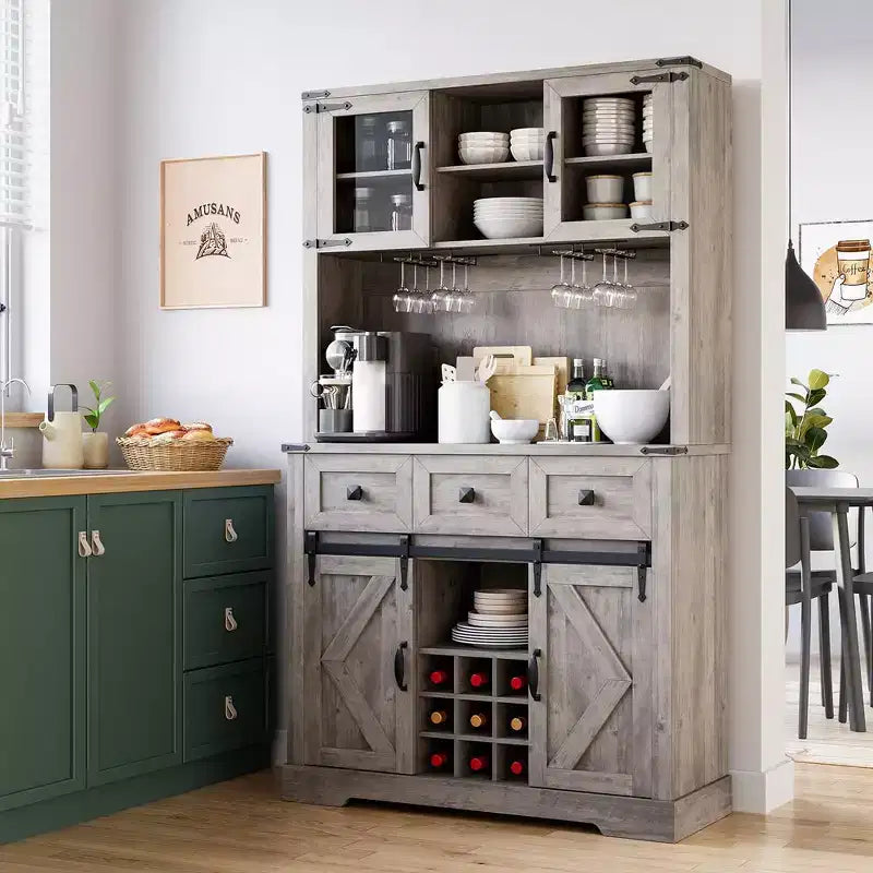 72 Farmhouse Bar Cabinet with Sliding Barn Door, Tall Kitchen Buffet with Storage Hutch and 3 Drawer