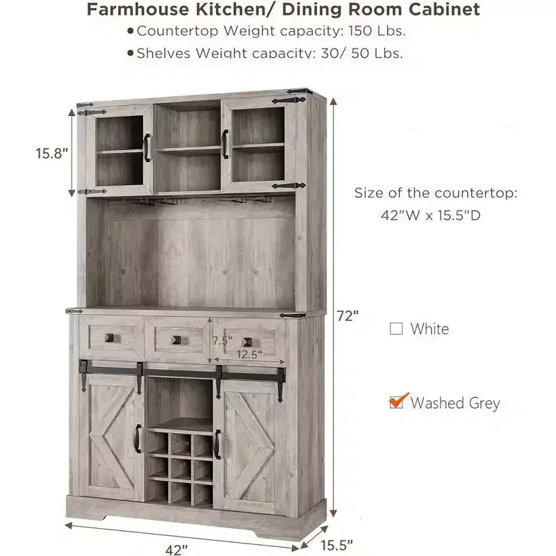 Meuble de bar de ferme de 72 po avec porte coulissante de style grange, buffet de cuisine haut avec huche de rangement et 3 tiroirs