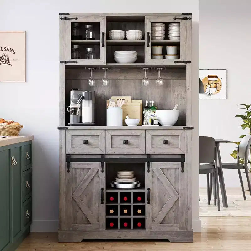 Meuble de bar de ferme de 72 po avec porte coulissante de style grange, buffet de cuisine haut avec huche de rangement et 3 tiroirs