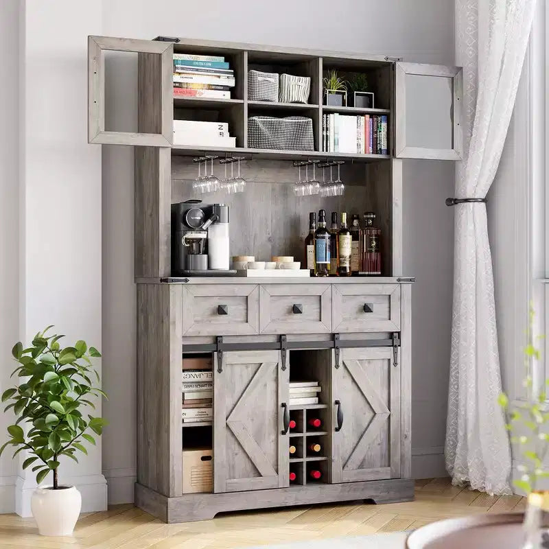 Meuble de bar de ferme de 72 po avec porte coulissante de style grange, buffet de cuisine haut avec huche de rangement et 3 tiroirs