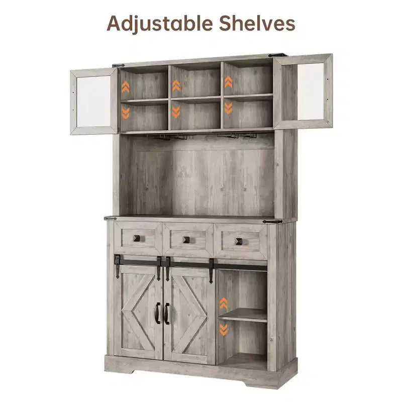 Meuble de bar de ferme de 72 po avec porte coulissante de style grange, buffet de cuisine haut avec huche de rangement et 3 tiroirs